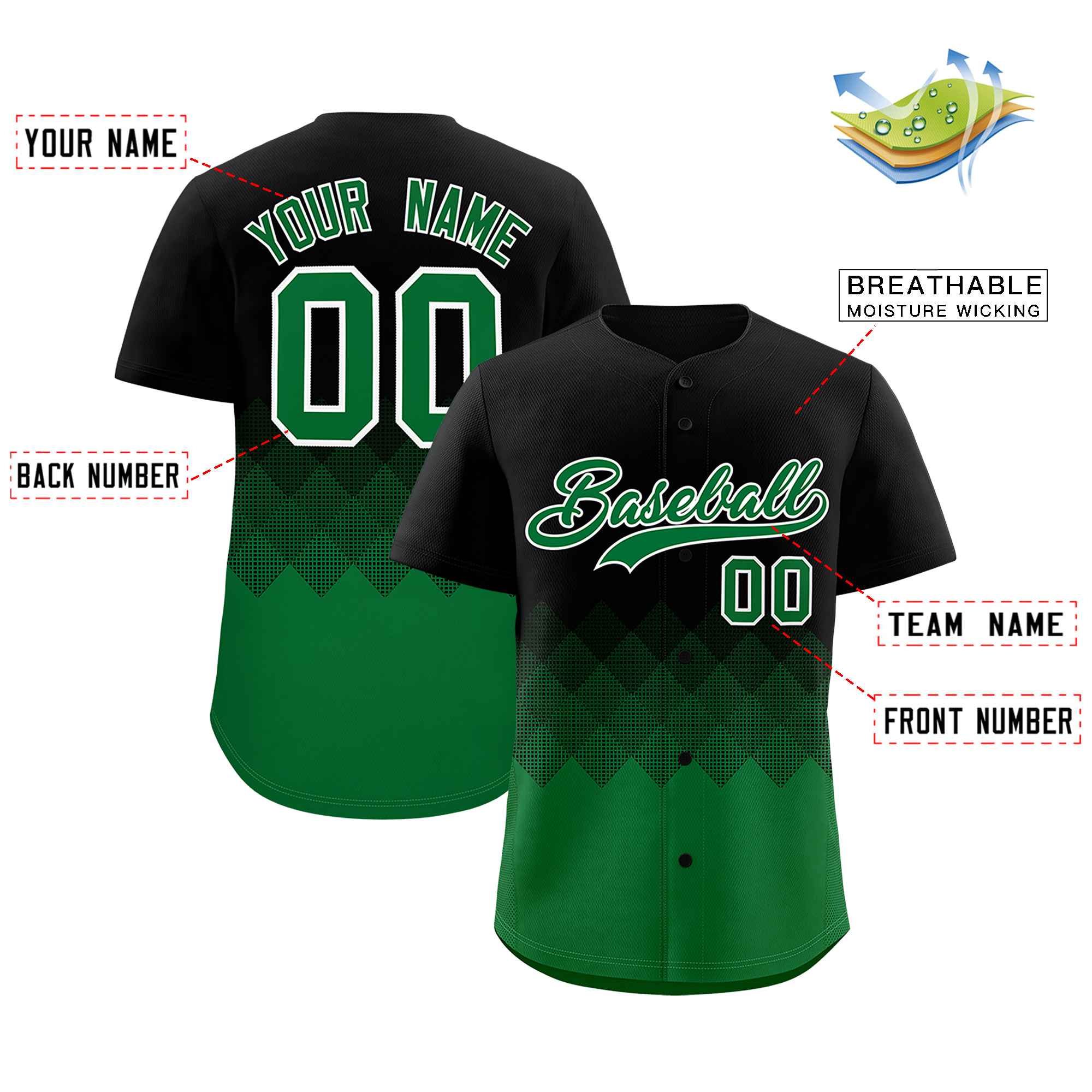 Custom Black Kelly Green Grid Blur Pattern Authentic Baseball Jersey| KXKSHOP