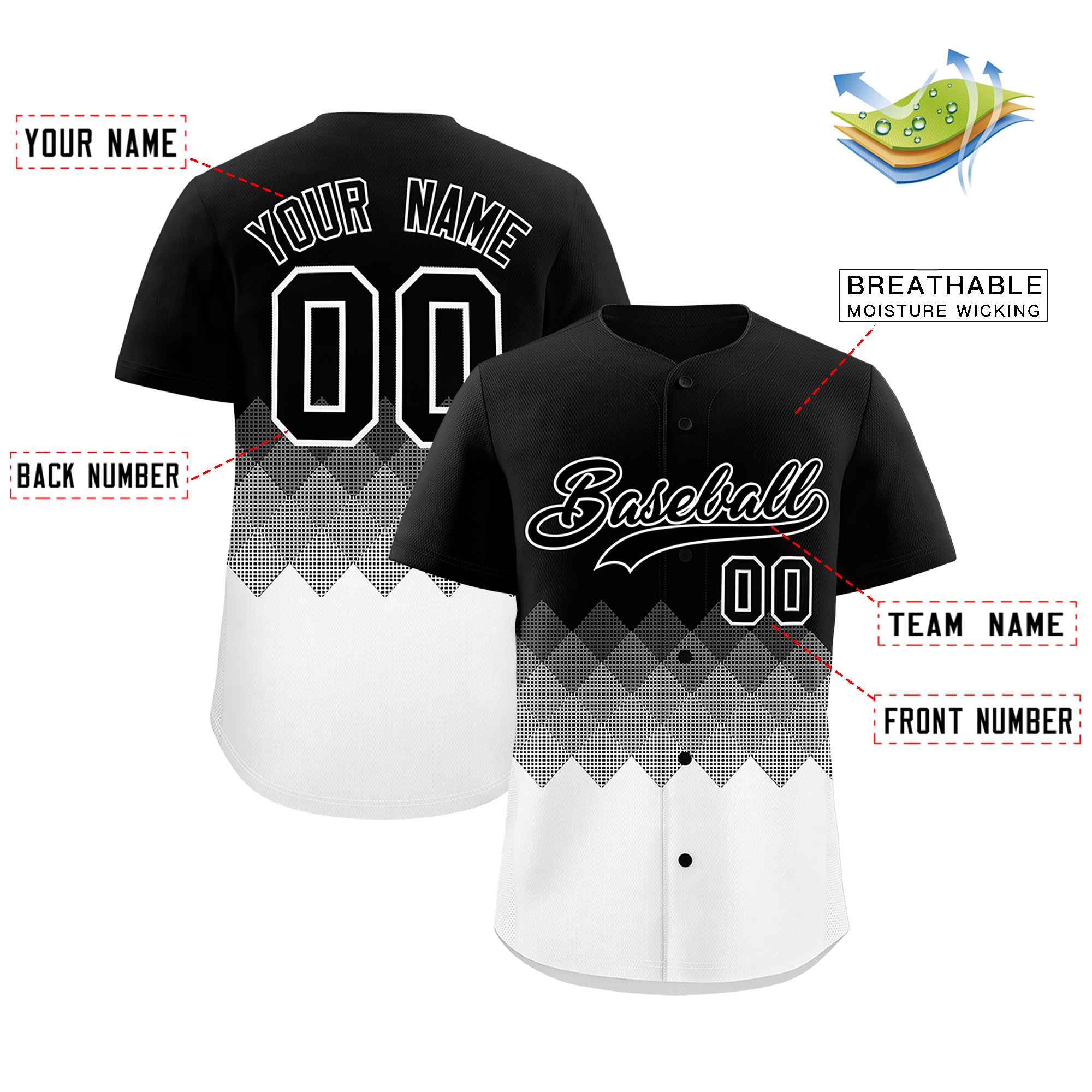Custom Black White Grid Blur Pattern Authentic Baseball Jersey| KXKSHOP