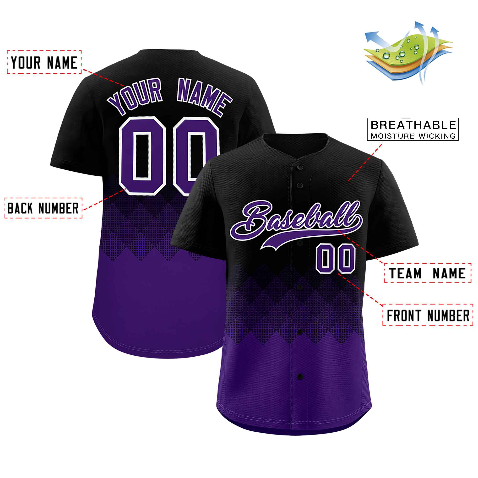 Custom Black Purple Grid Blur Pattern Authentic Baseball Jersey| KXKSHOP