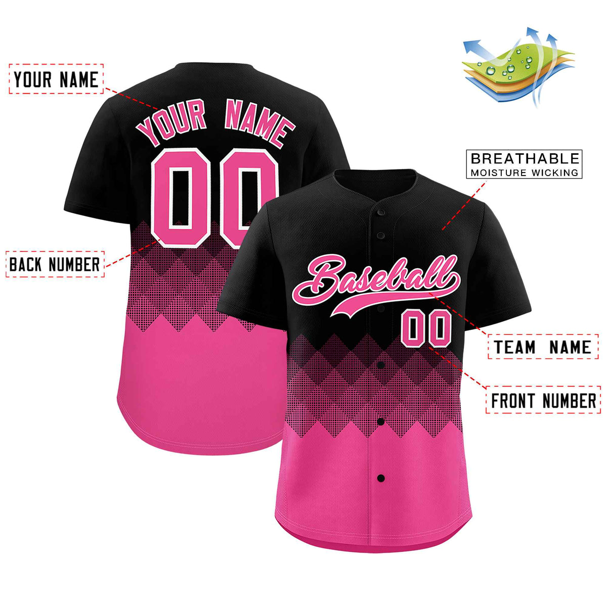 Custom Black Pink Grid Blur Pattern Authentic Baseball Jersey| KXKSHOP