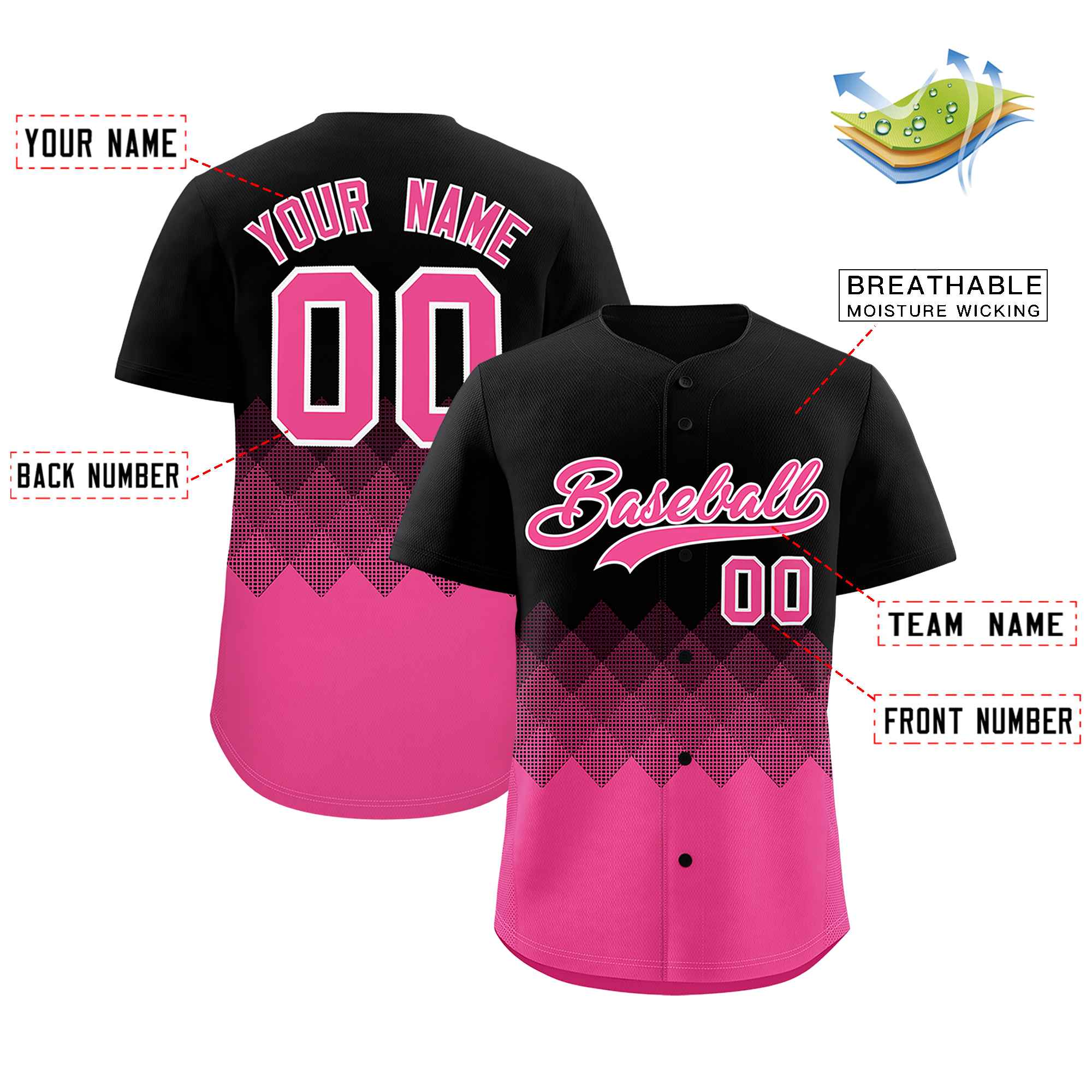 Custom Black Pink Grid Blur Pattern Authentic Baseball Jersey| KXKSHOP