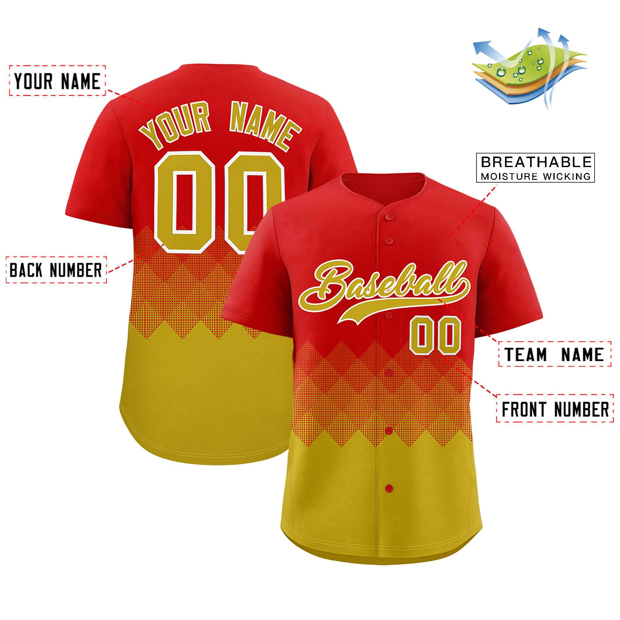 Custom Red Old Gold Grid Blur Pattern Authentic Baseball Jersey| KXKSHOP