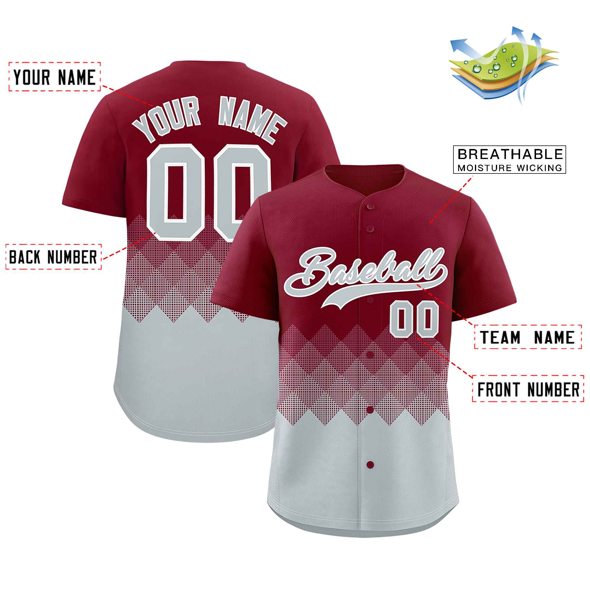 Custom Crimson Silver Grid Blur Pattern Authentic Baseball Jersey| KXKSHOP