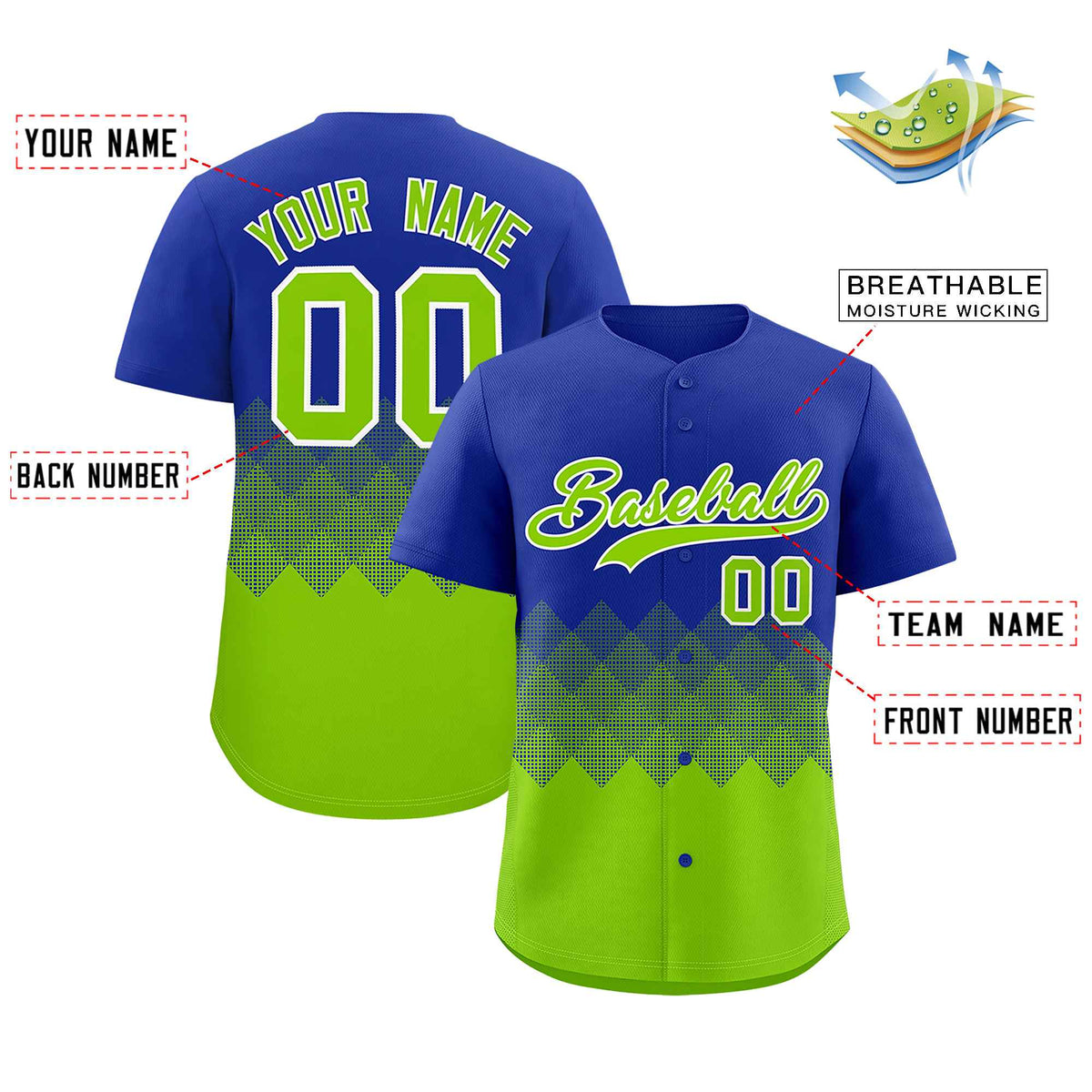 Custom Royal Neon Green Grid Blur Pattern Authentic Baseball Jersey| KXKSHOP