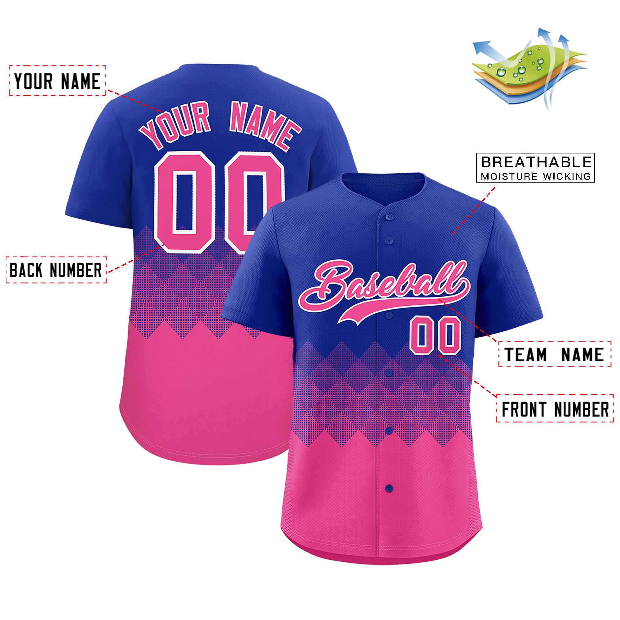 Custom Royal Pink Grid Blur Pattern Authentic Baseball Jersey| KXKSHOP