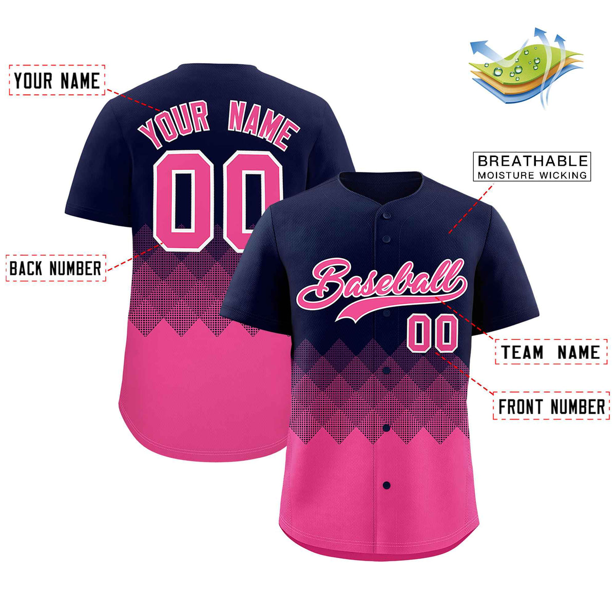 Custom Navy Pink Grid Blur Pattern Authentic Baseball Jersey| KXKSHOP