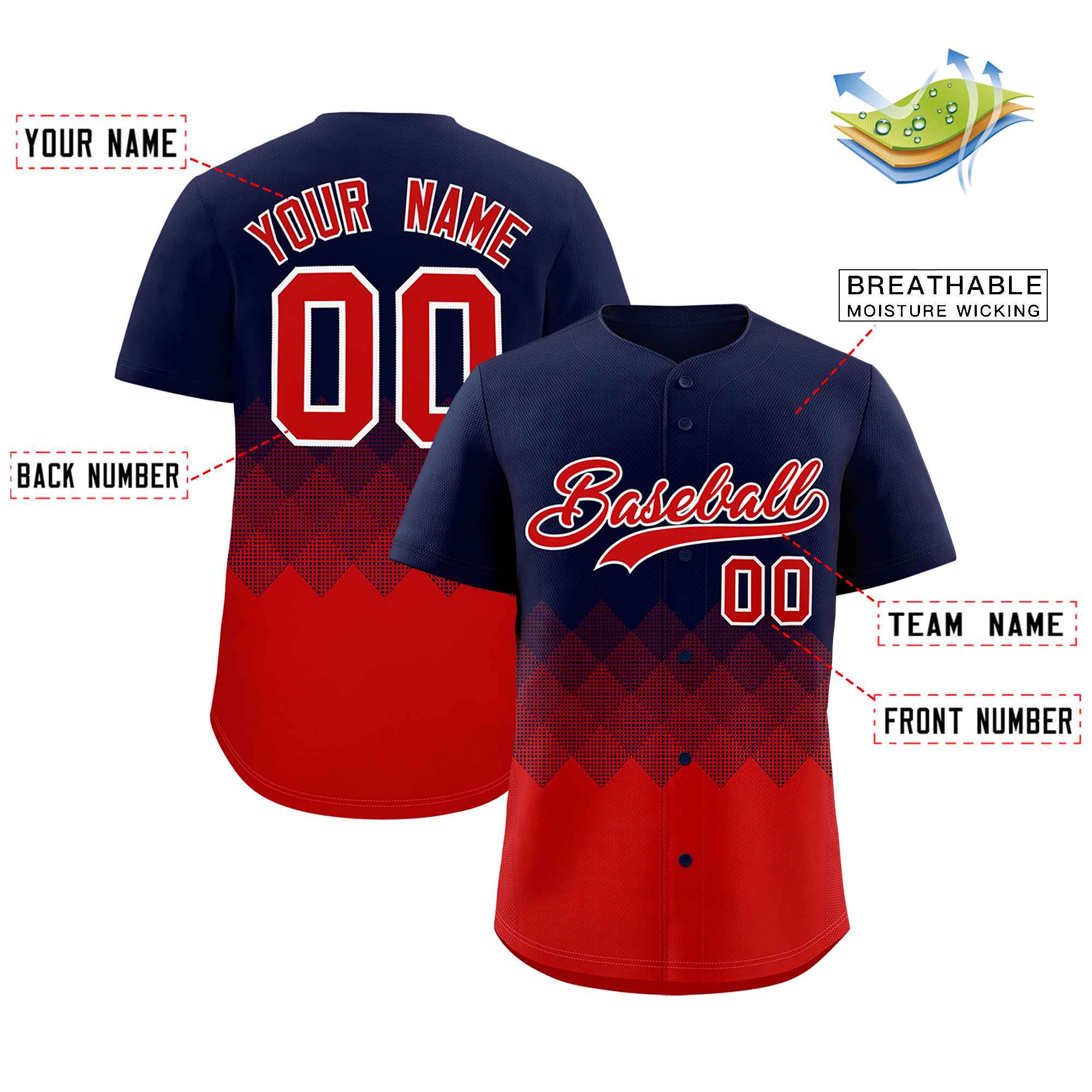 Custom Navy Red Grid Blur Pattern Authentic Baseball Jersey| KXKSHOP