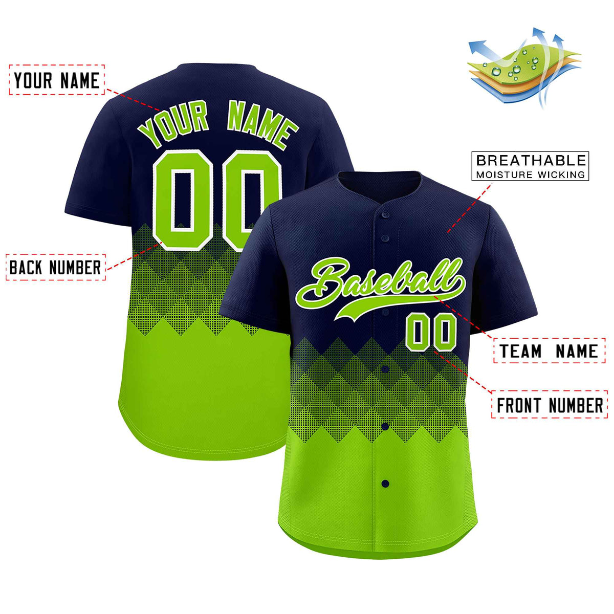 Custom Navy Neon Green Grid Blur Pattern Authentic Baseball Jersey| KXKSHOP