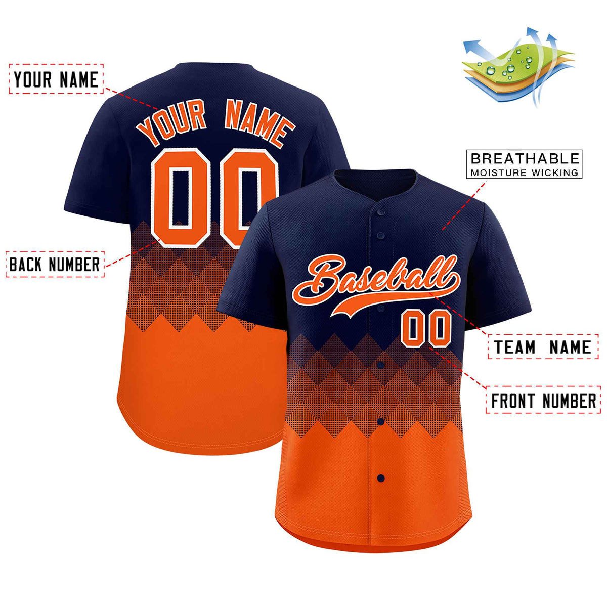 Custom Navy Orange Grid Blur Pattern Authentic Baseball Jersey| KXKSHOP