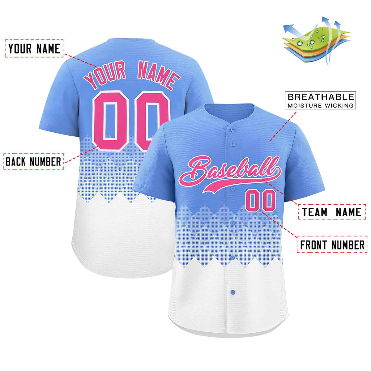 Custom Light Blue White Grid Blur Pattern Authentic Baseball Jersey| KXKSHOP