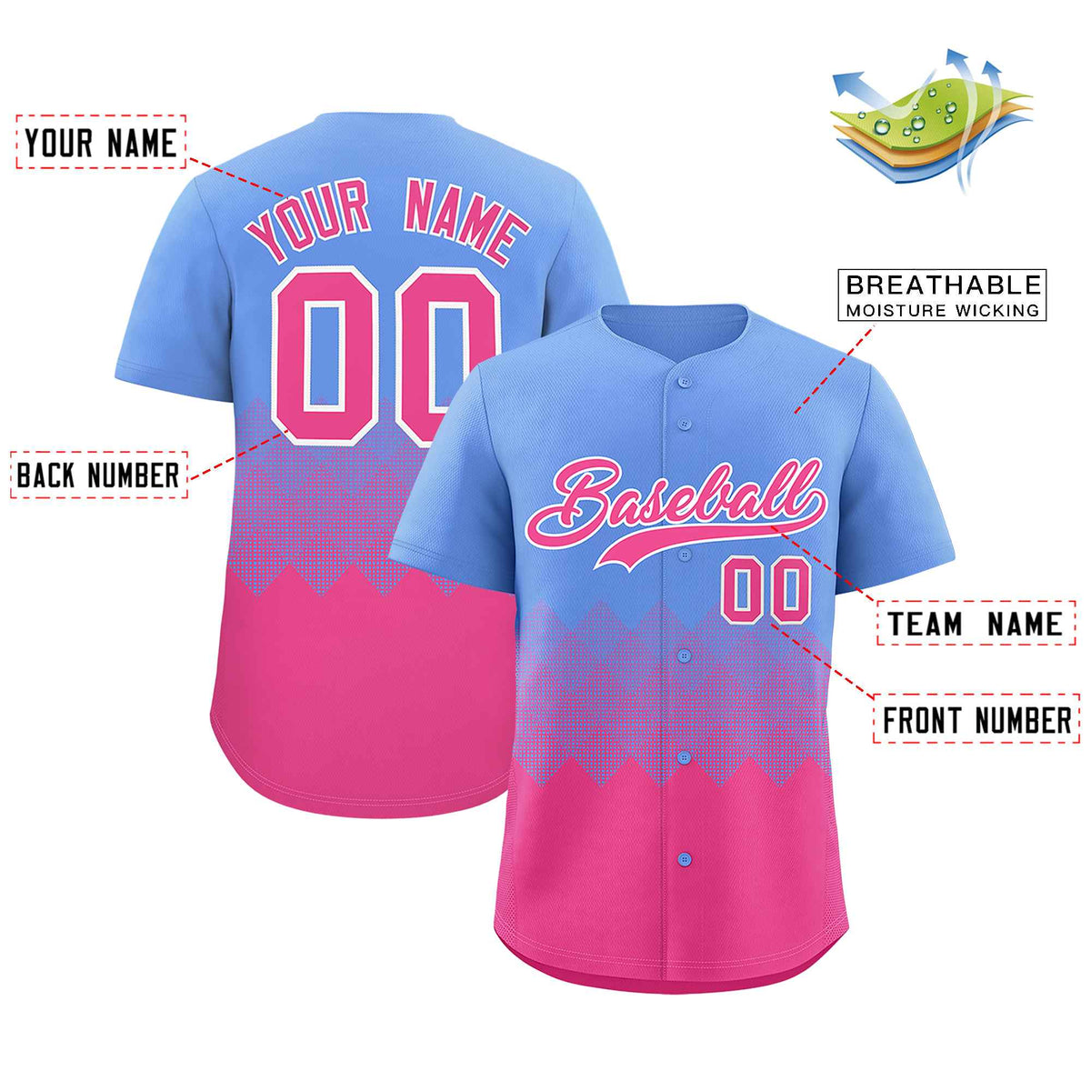 Custom Light Blue Pink Grid Blur Pattern Authentic Baseball Jersey| KXKSHOP