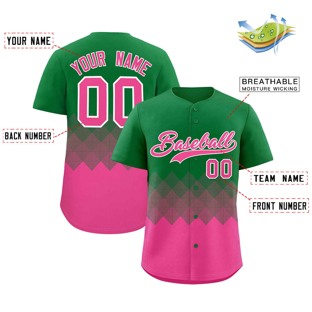 Custom Kelly Green Pink Grid Blur Pattern Authentic Baseball Jersey| KXKSHOP