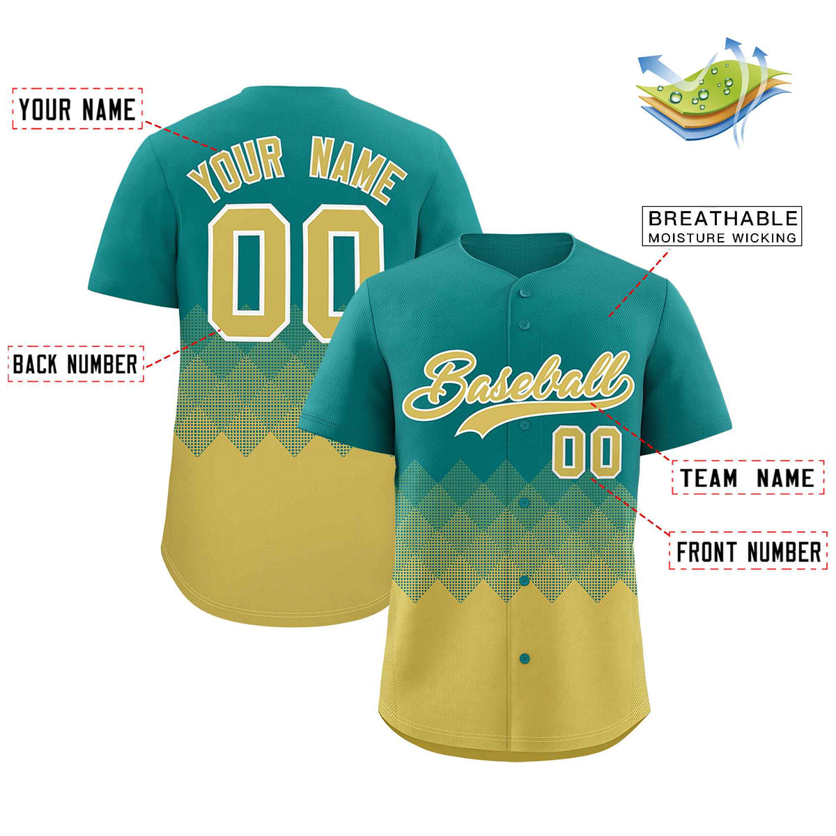 Custom Aqua Old Gold Grid Blur Pattern Authentic Baseball Jersey| KXKSHOP