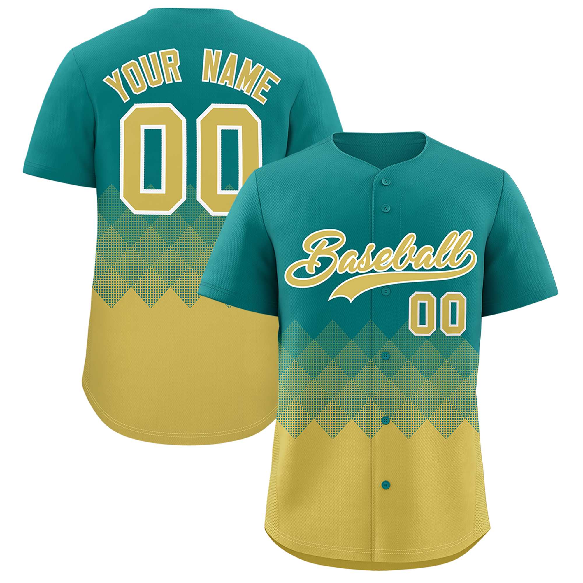 Custom Aqua Old Gold Grid Blur Pattern Authentic Baseball Jersey| KXKSHOP