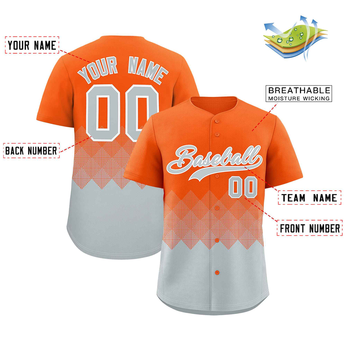 Custom Orange Silver Grid Blur Pattern Authentic Baseball Jersey| KXKSHOP