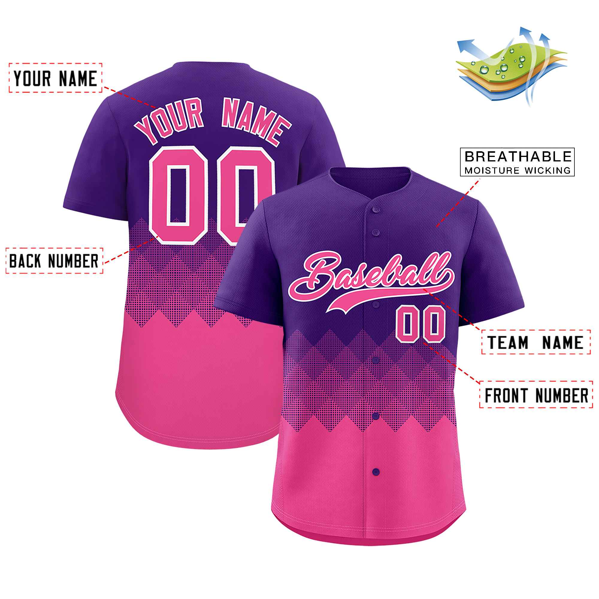Custom Purple Pink Grid Blur Pattern Authentic Baseball Jersey| KXKSHOP