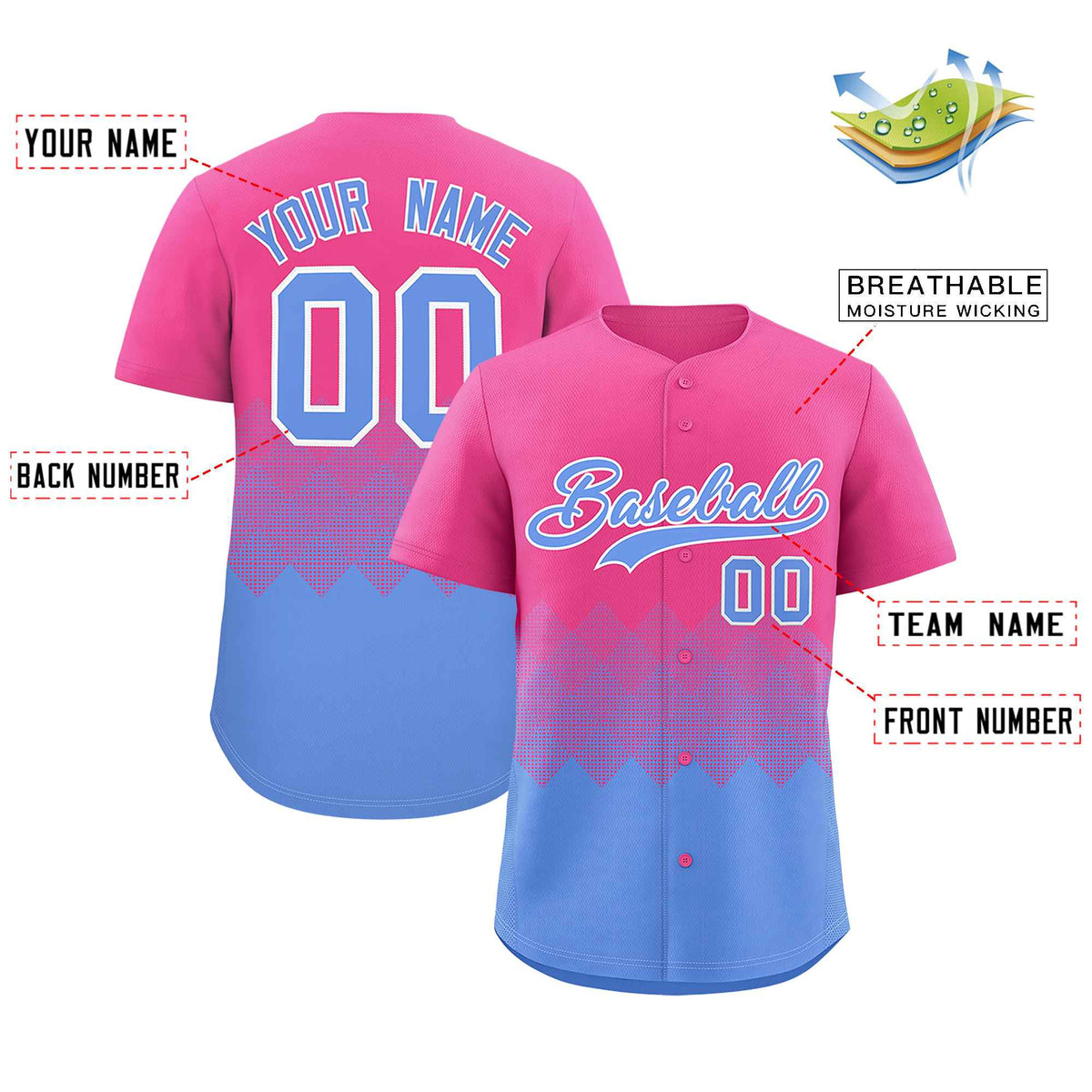 Custom Pink Light Blue Grid Blur Pattern Authentic Baseball Jersey| KXKSHOP