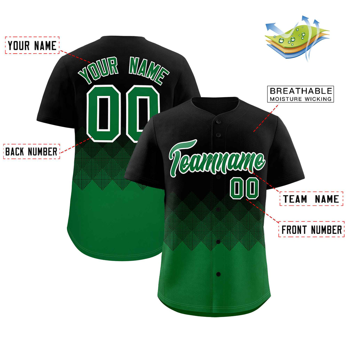 Custom Black Kelly Green Grid Blur Pattern Authentic Baseball Jersey| KXKSHOP