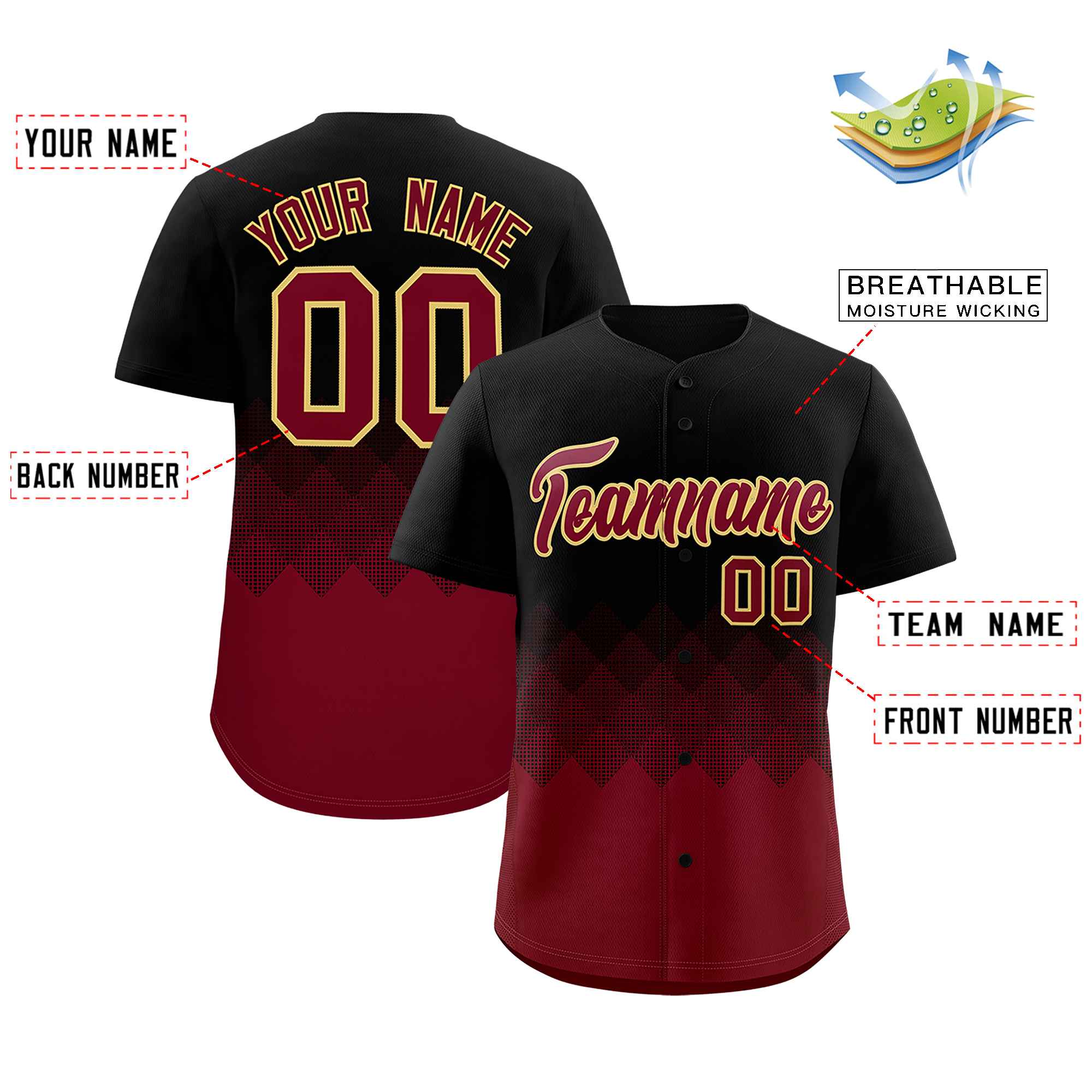 Custom Black Crimson Grid Blur Pattern Authentic Baseball Jersey| KXKSHOP