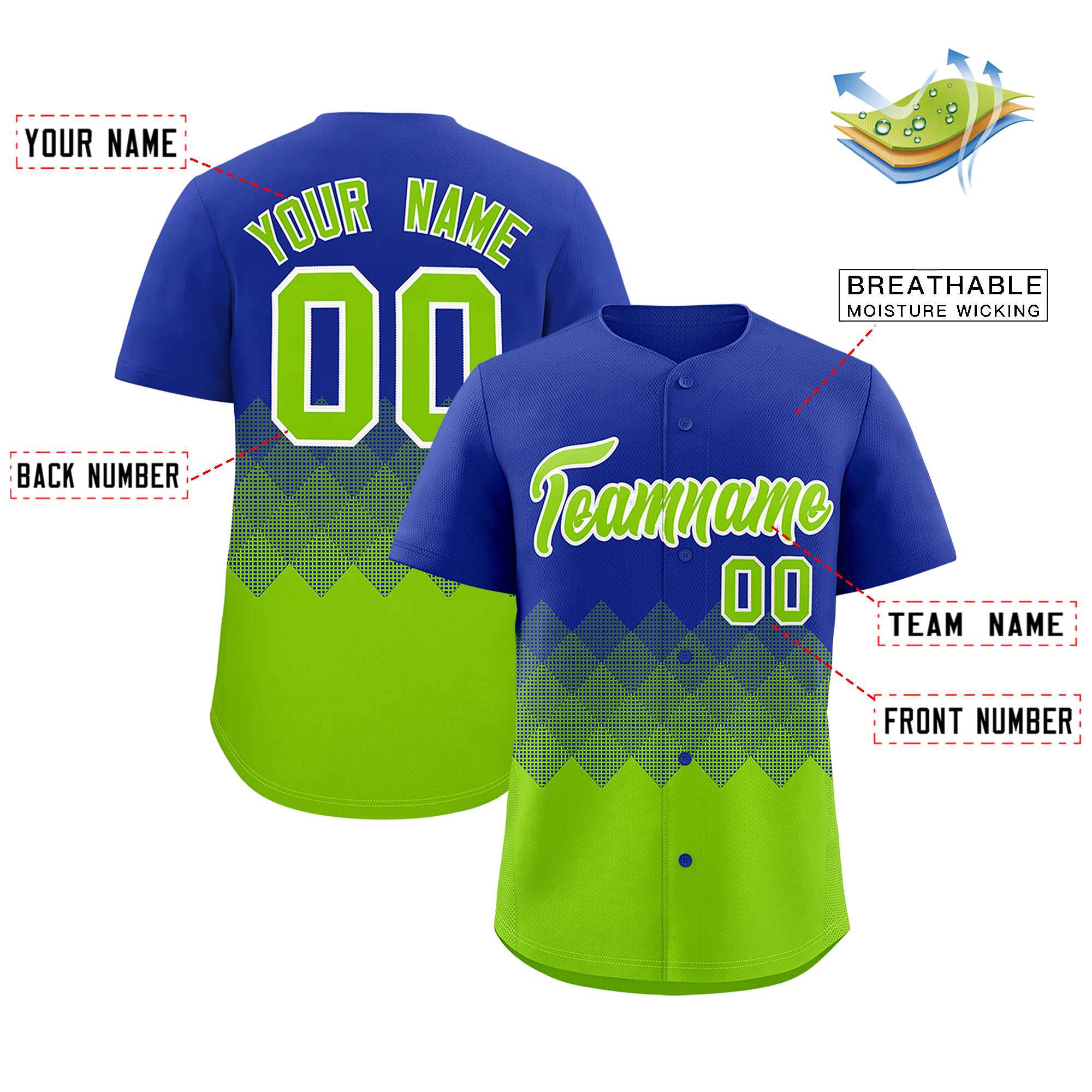 Custom Royal Neon Green Grid Blur Pattern Authentic Baseball Jersey| KXKSHOP