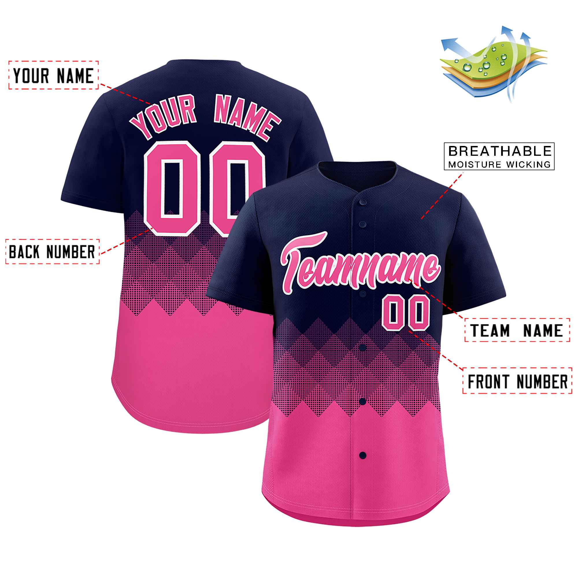 Custom Navy Pink Grid Blur Pattern Authentic Baseball Jersey| KXKSHOP