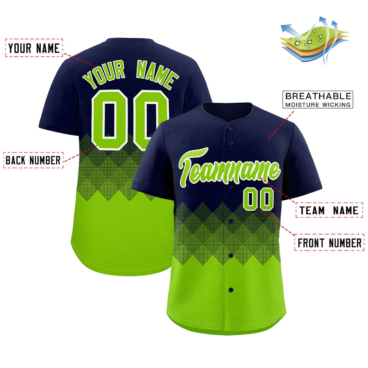 Custom Navy Neon Green Grid Blur Pattern Authentic Baseball Jersey| KXKSHOP