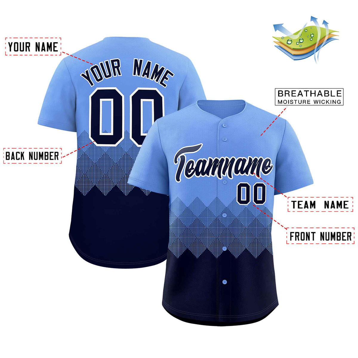 Custom Light Blue Navy Grid Blur Pattern Authentic Baseball Jersey| KXKSHOP