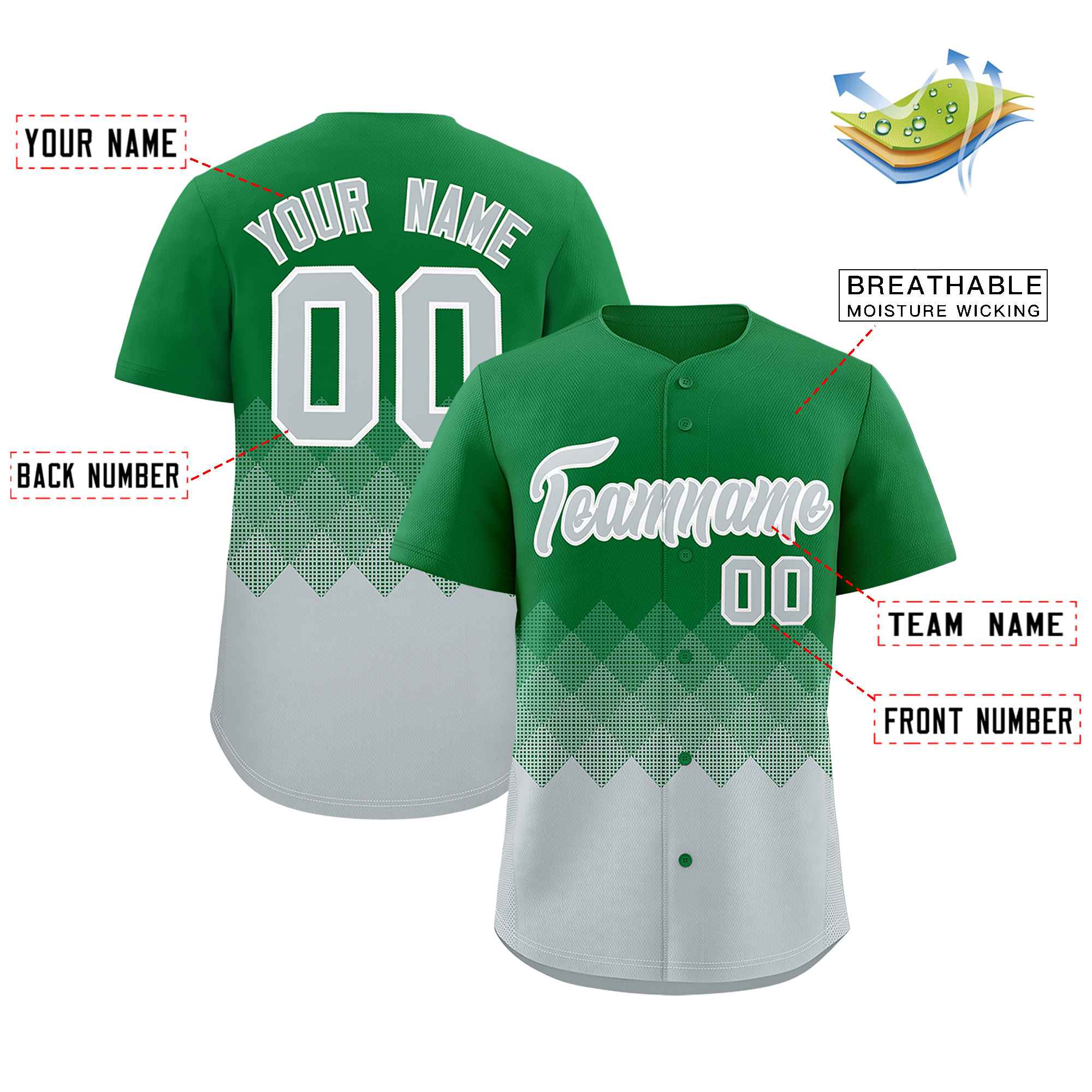 Custom Kelly Green Silver Grid Blur Pattern Authentic Baseball Jersey| KXKSHOP