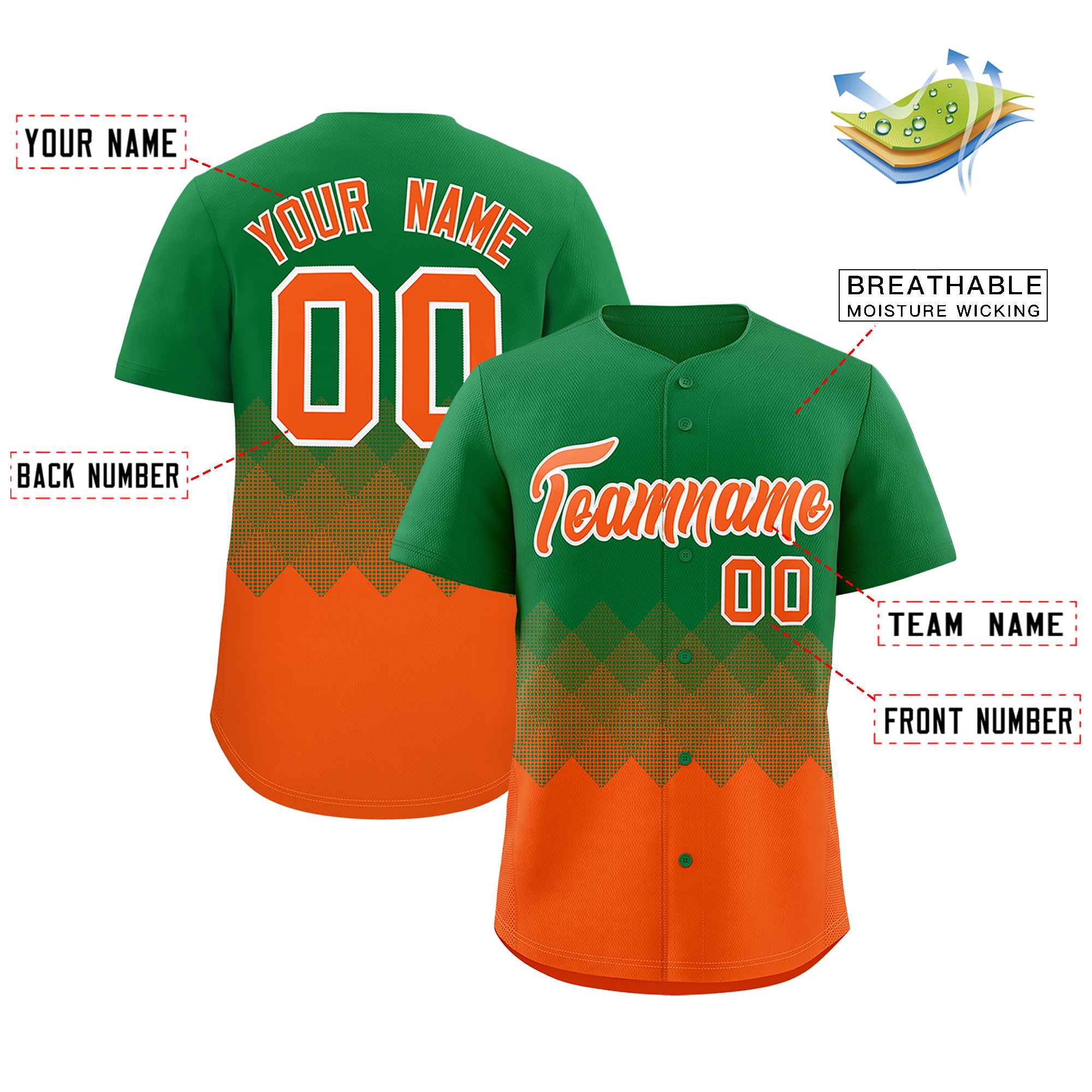 Custom Kelly Green Orange Grid Blur Pattern Authentic Baseball Jersey| KXKSHOP