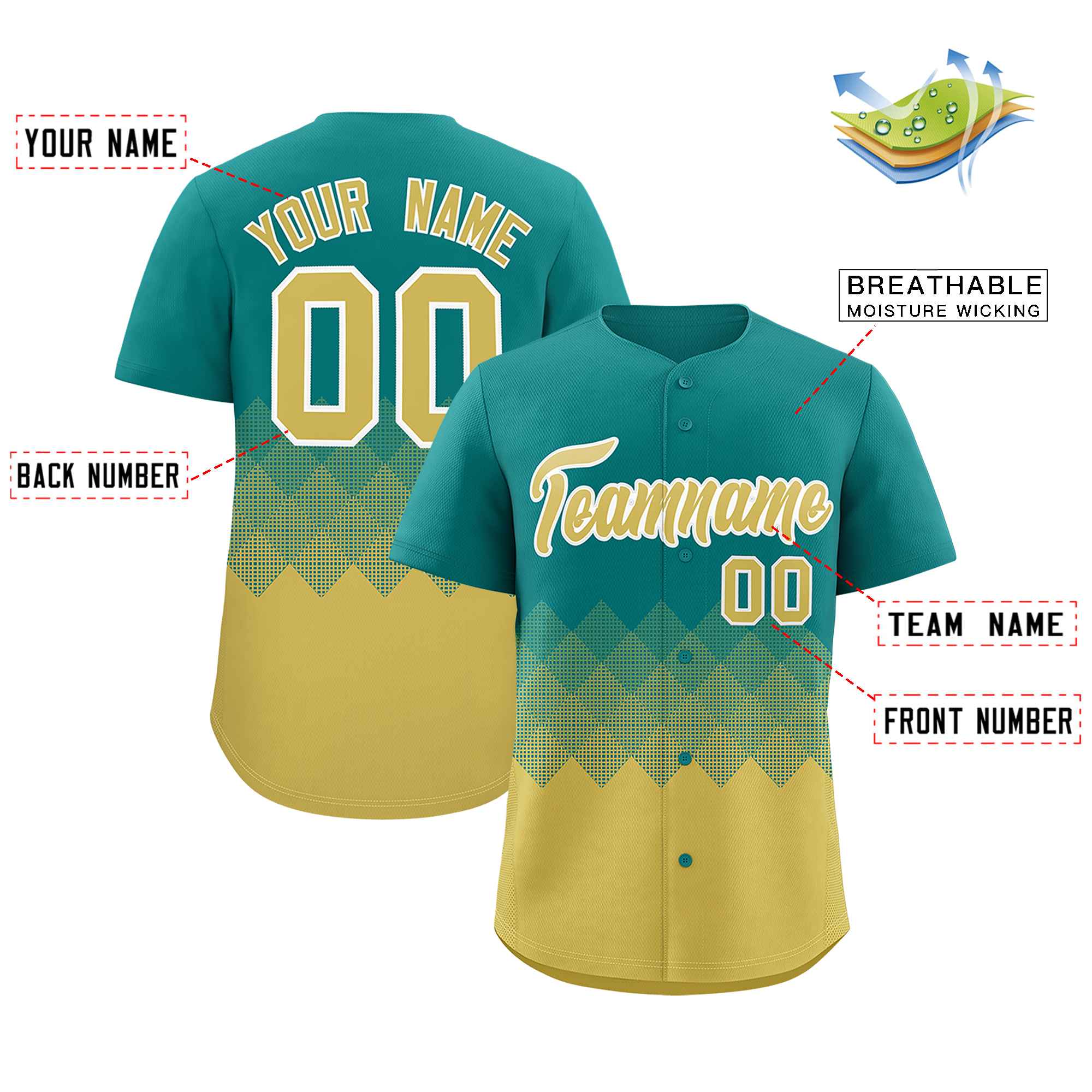 Custom Aqua Old Gold Grid Blur Pattern Authentic Baseball Jersey| KXKSHOP