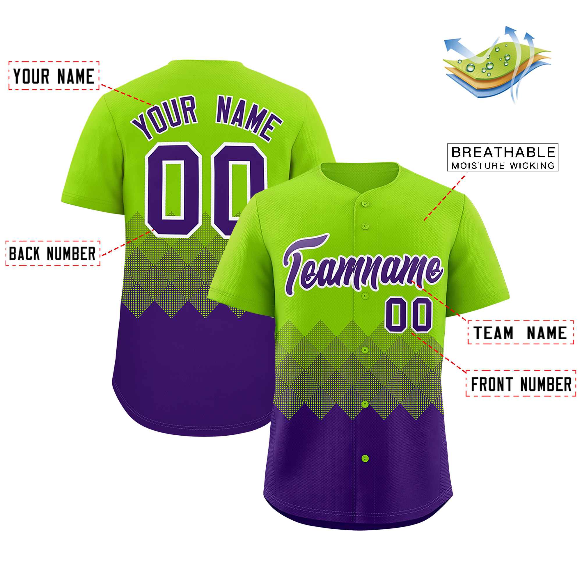 Custom Neon Green Purple Grid Blur Pattern Authentic Baseball Jersey| KXKSHOP