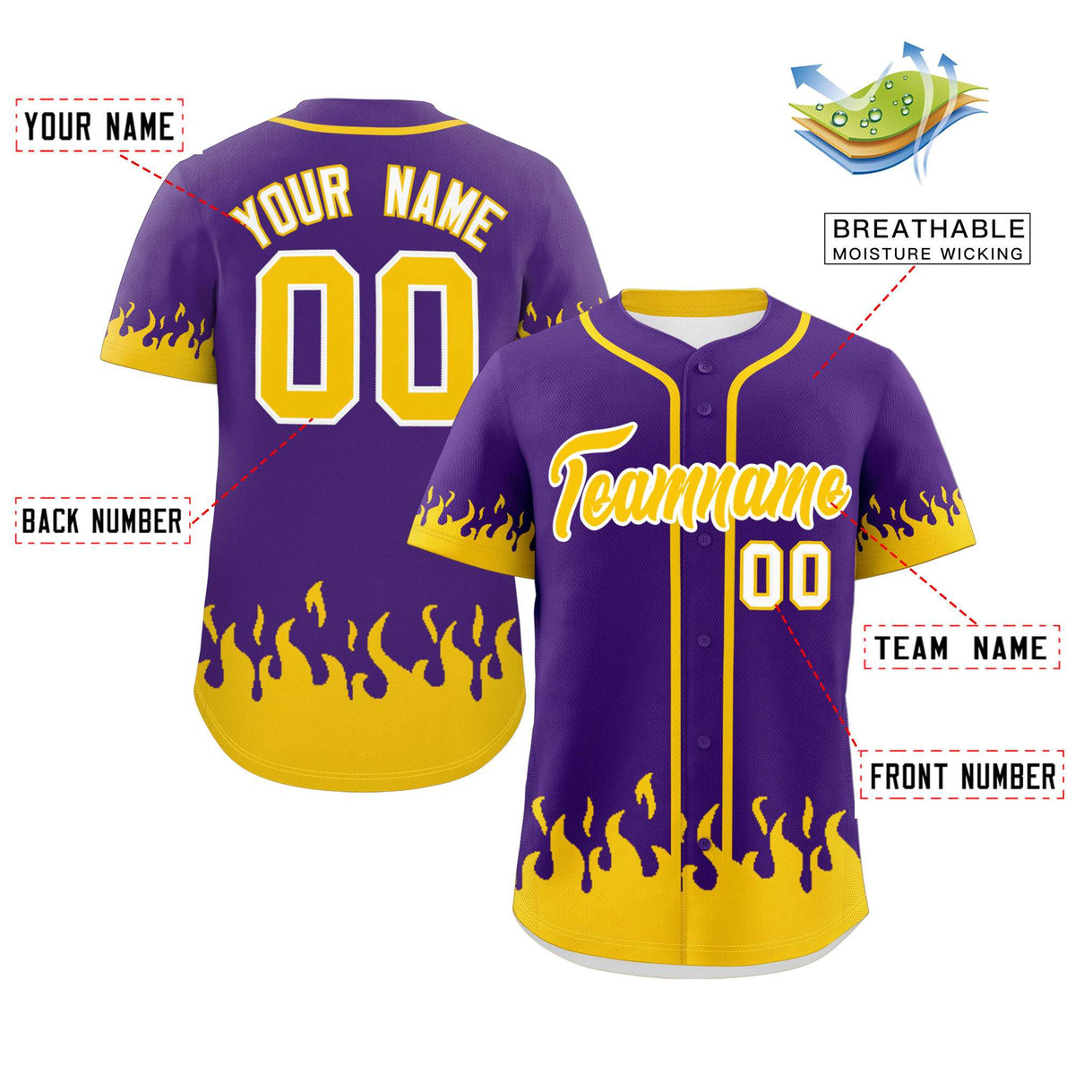 Custom Purple Gold Personalized Flame Graffiti Pattern Authentic Baseball Jersey