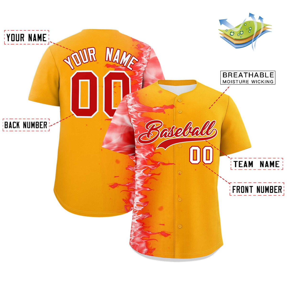 Custom Yellow Personalized 3D Flame Design Authentic Baseball Jersey