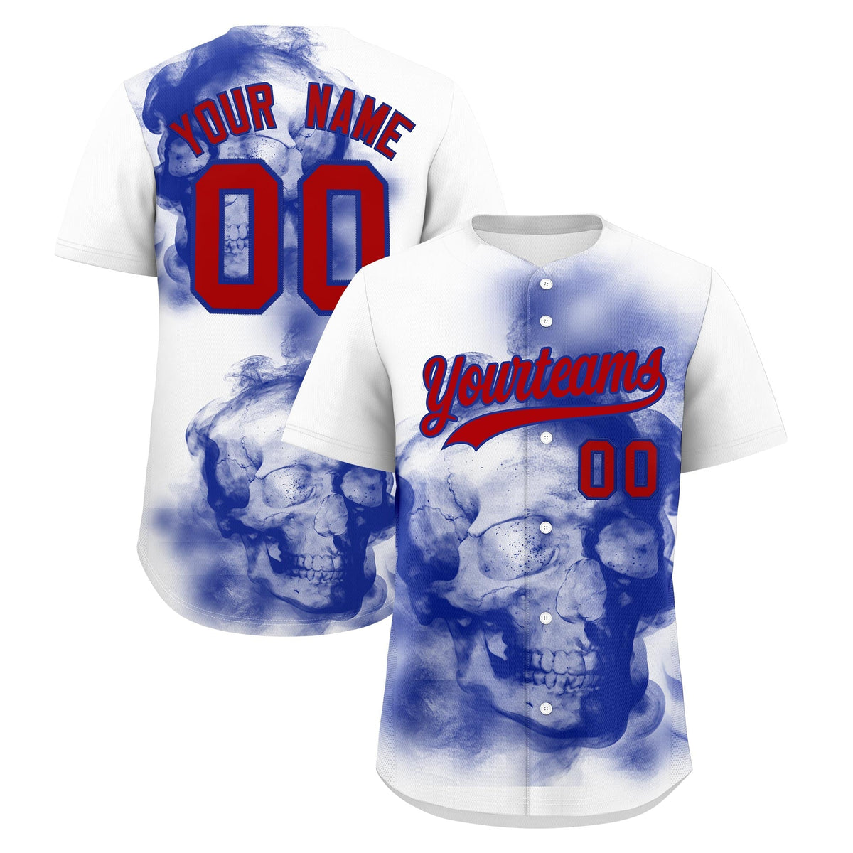 Custom White Royal Blue Red skeleton Graffiti Pattern Quick Dry Baseball Jersey| KXKSHOP