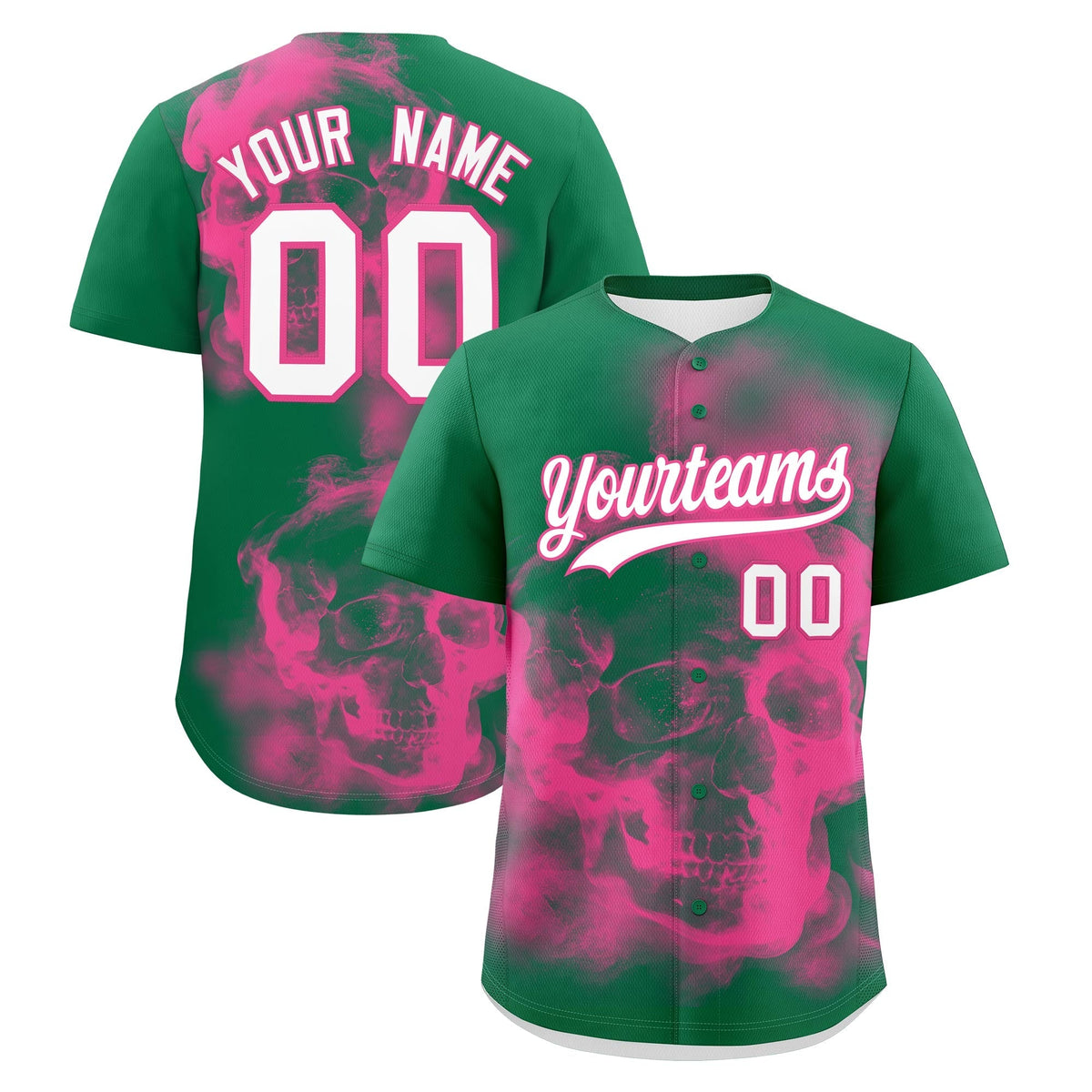 Custom Kelly Green Pink White skeleton Graffiti Pattern Quick Dry Baseball Jersey| KXKSHOP