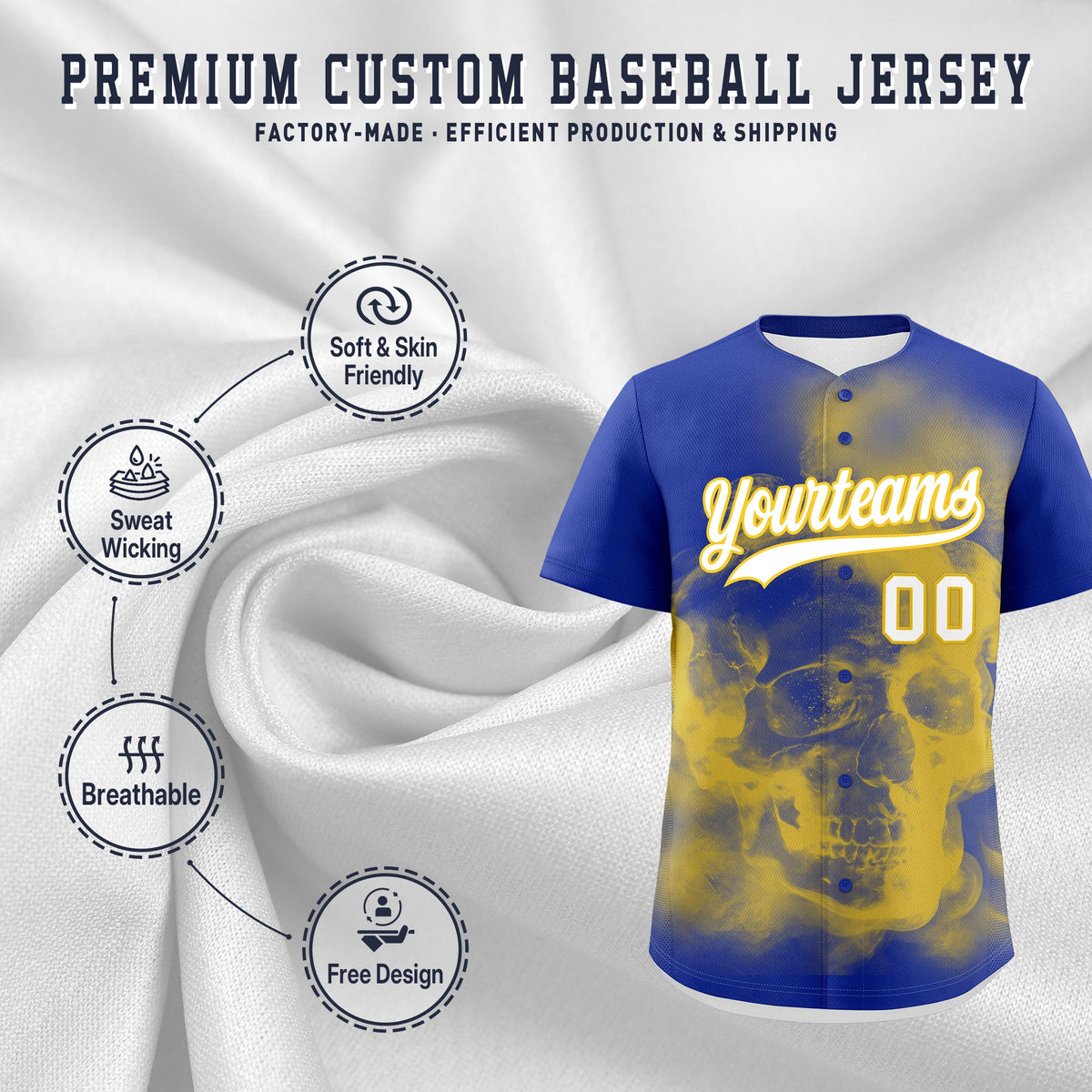 Custom Royal Blue Gold White skeleton Graffiti Pattern Lightweight Baseball Jersey| KXKSHOP