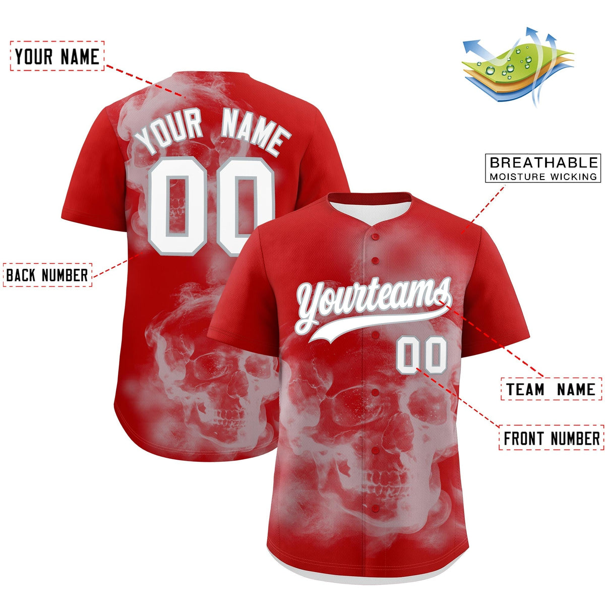 Custom Red Silver White skeleton Graffiti Pattern Lightweight Baseball Jersey| KXKSHOP