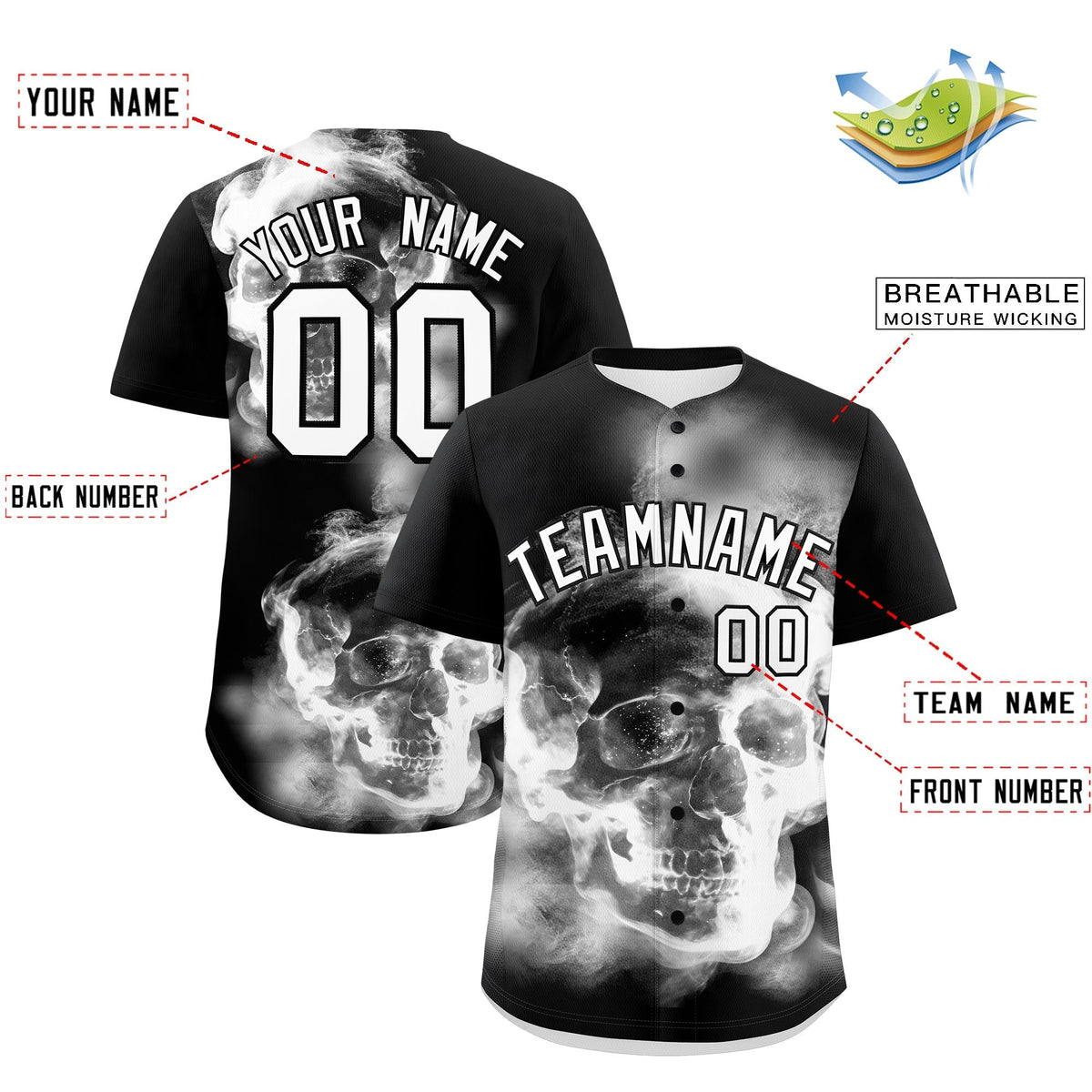 Custom Black White skeleton Graffiti Pattern Lightweight Baseball Jersey| KXKSHOP
