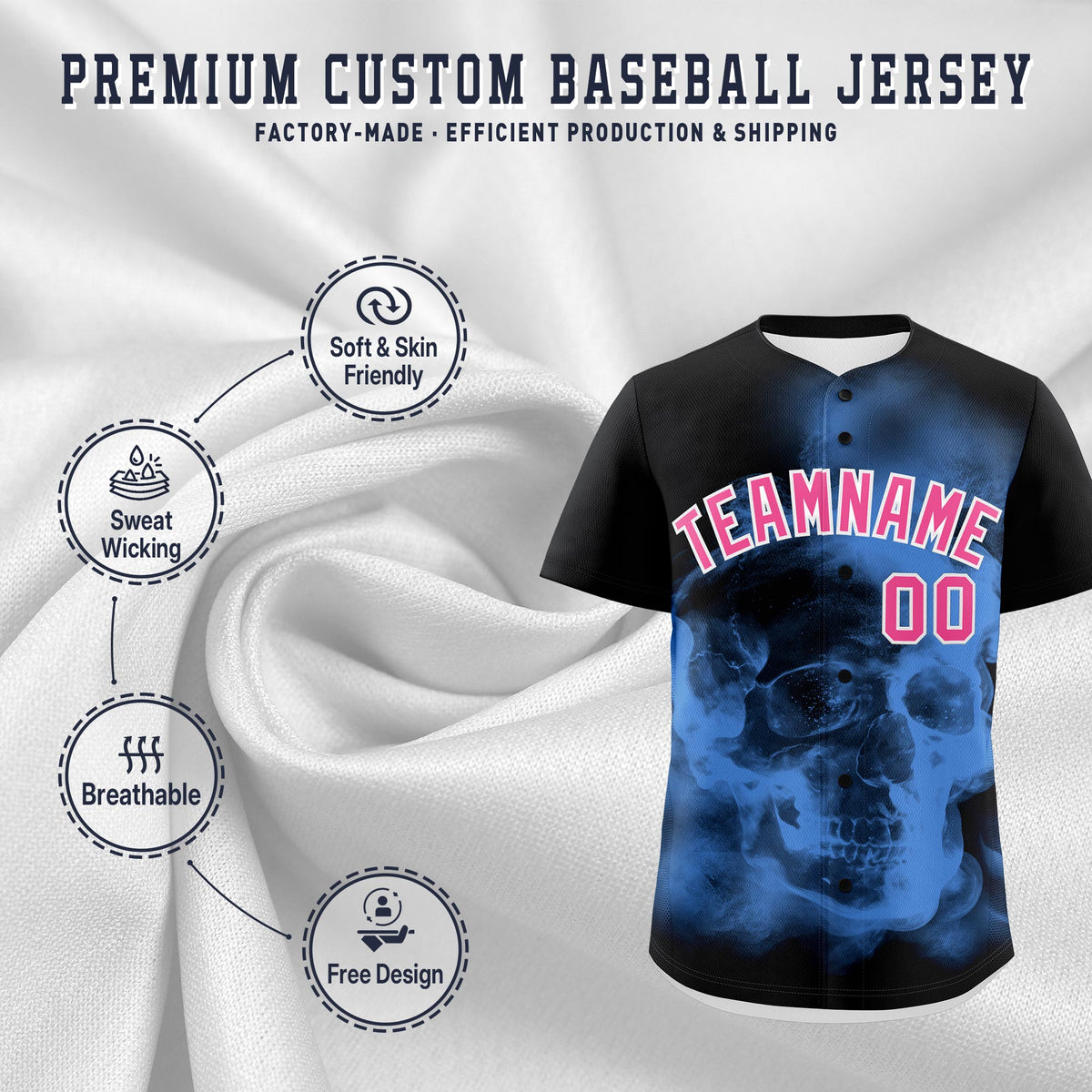 Custom Black Powder Blue Pink skeleton Graffiti Pattern Quick Dry Baseball Jersey| KXKSHOP