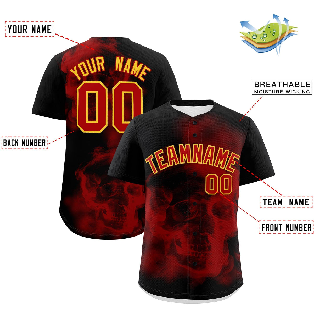 Custom Black Red Gold skeleton Graffiti Pattern Quick Dry Baseball Jersey| KXKSHOP