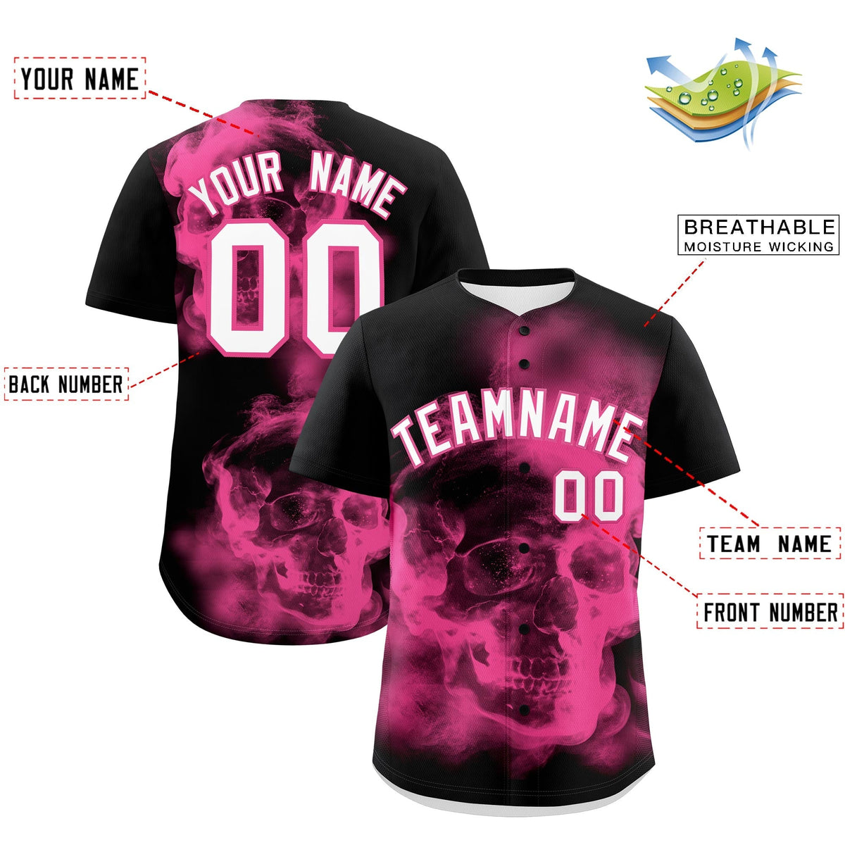 Custom Black Pink White skeleton Graffiti Pattern Quick Dry Baseball Jersey| KXKSHOP