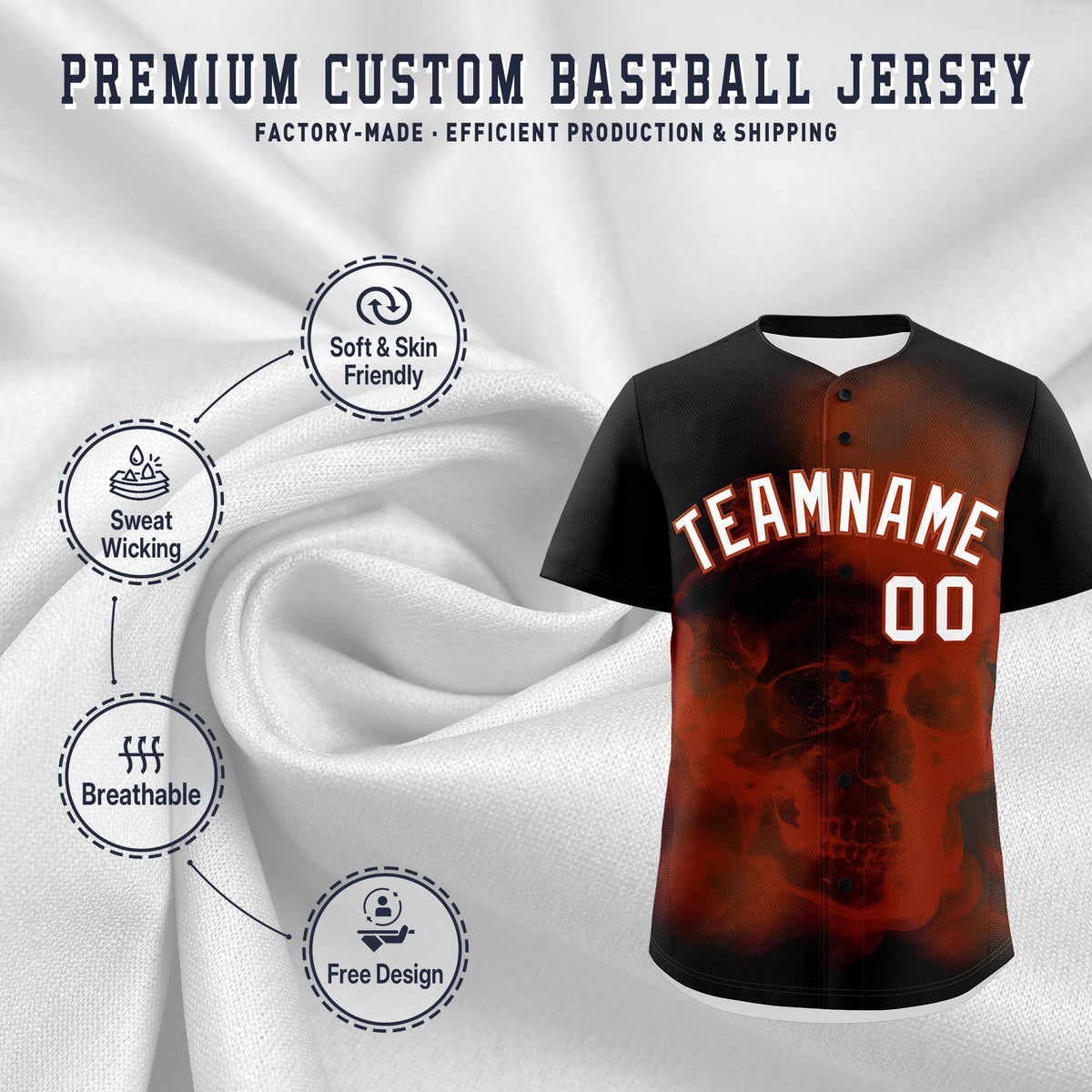 Custom Black Dark Orange White skeleton Graffiti Pattern Quick Dry Baseball Jersey| KXKSHOP