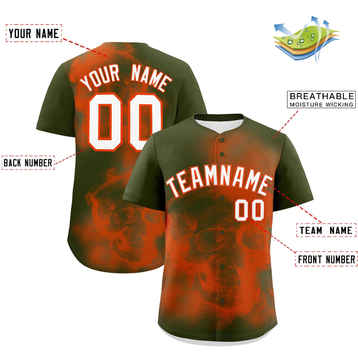 Custom Olive Orange White skeleton Graffiti Pattern Lightweight Baseball Jersey| KXKSHOP