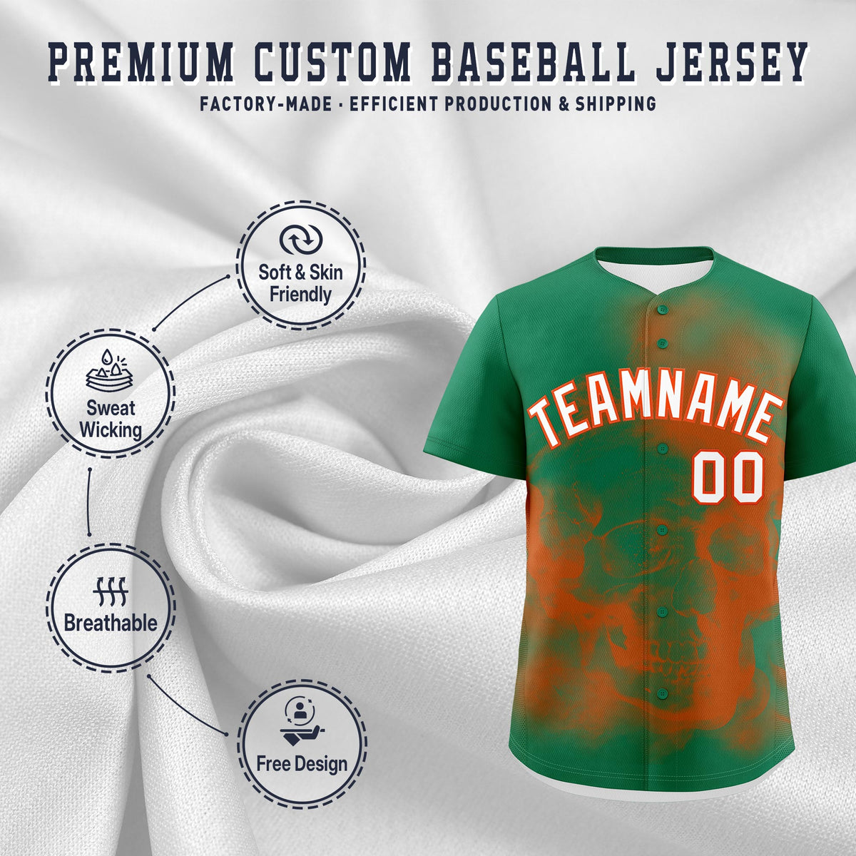 Custom Kelly Green Orange White skeleton Graffiti Pattern Lightweight Baseball Jersey| KXKSHOP