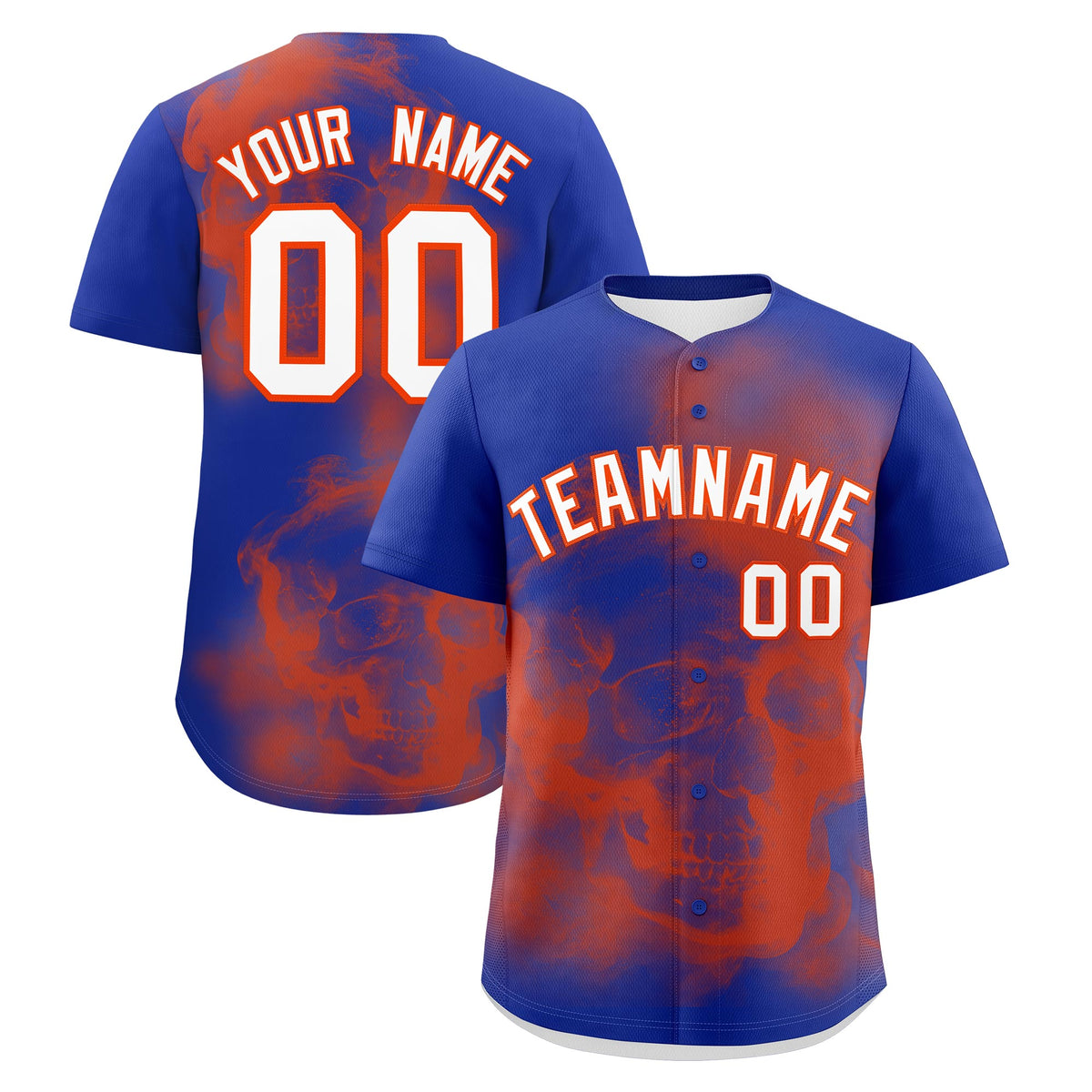 Custom Royal Blue Orange White skeleton Graffiti Pattern Quick Dry Baseball Jersey| KXKSHOP