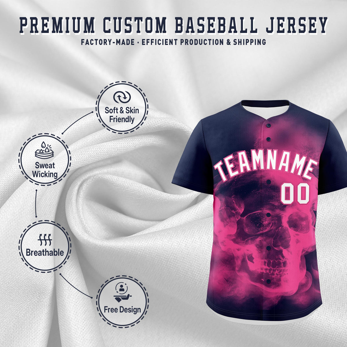 Custom Navy Pink White skeleton Graffiti Pattern Quick Dry Baseball Jersey| KXKSHOP