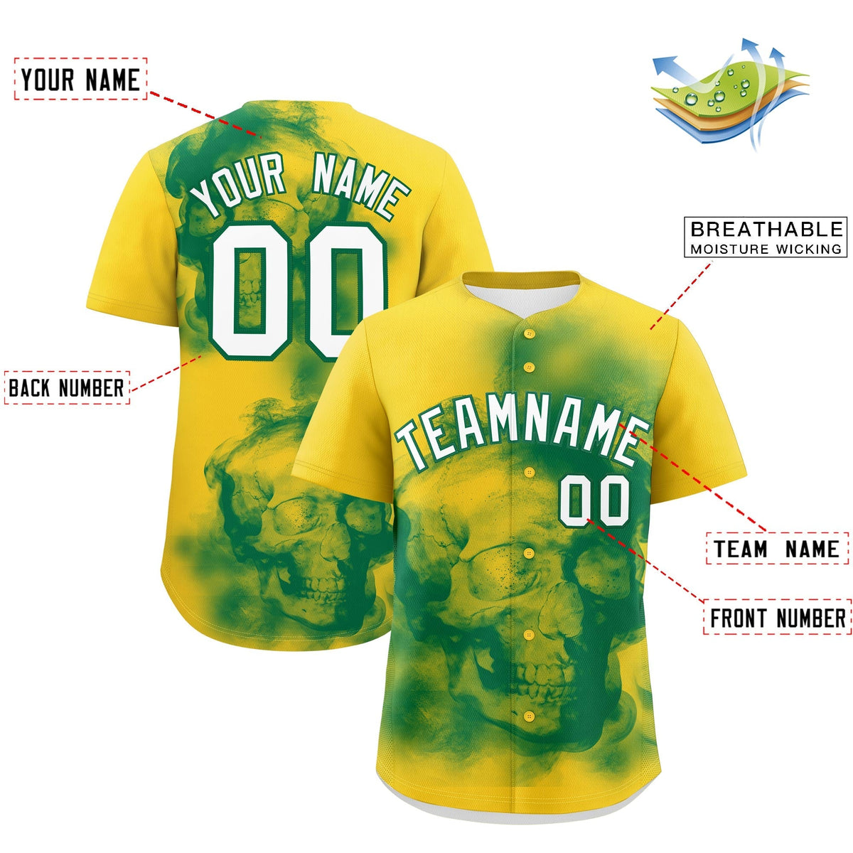 Custom Gold Kelly Green White skeleton Graffiti Pattern Lightweight Baseball Jersey| KXKSHOP