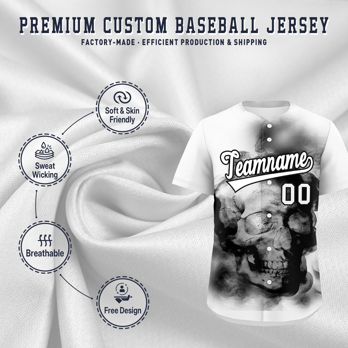 Custom White Black skeleton Graffiti Pattern Quick Dry Baseball Jersey| KXKSHOP