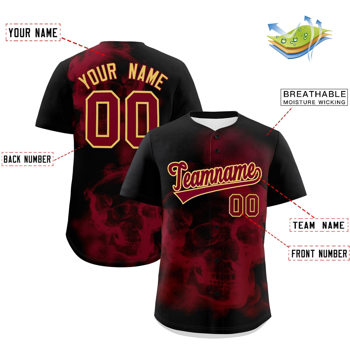 Custom Black Crimson Khaki skeleton Graffiti Pattern Lightweight Baseball Jersey| KXKSHOP