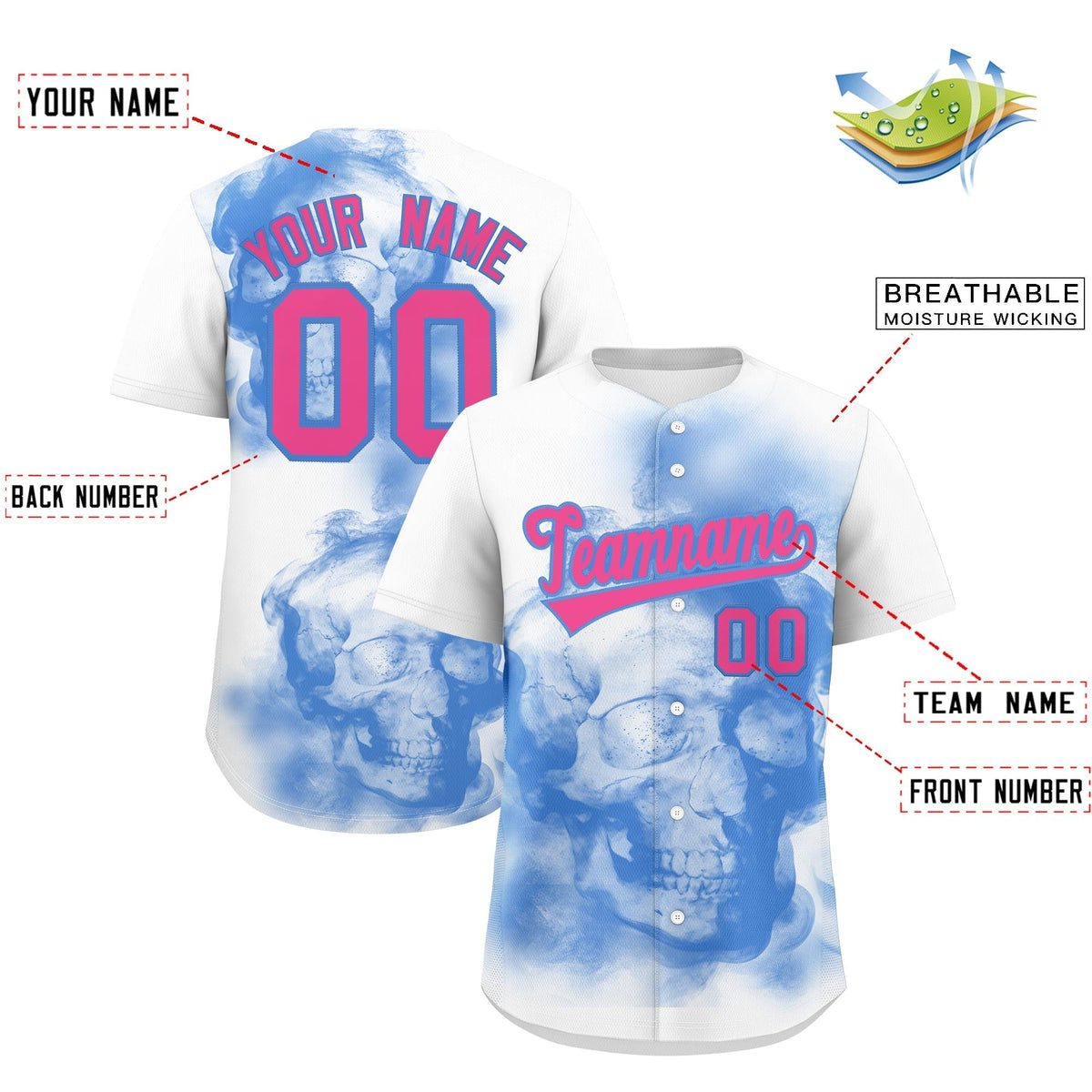 Custom White Powder Blue Pink skeleton Graffiti Pattern Quick Dry Baseball Jersey| KXKSHOP